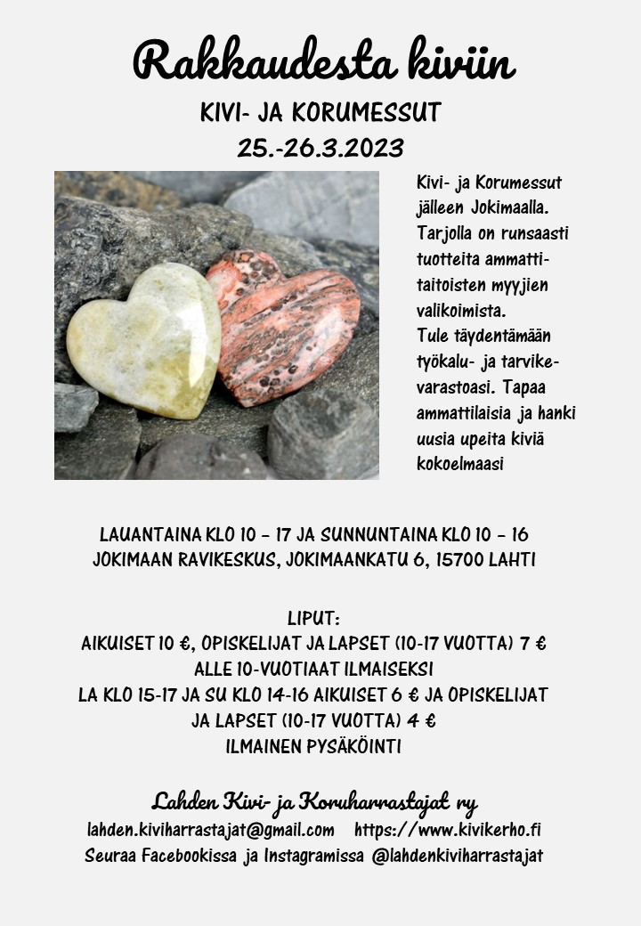 Rakkaudesta kiviin -messut järjestetään jälleen kerran Jokimaan ravikeskuksessa 25.-26.3.2023.